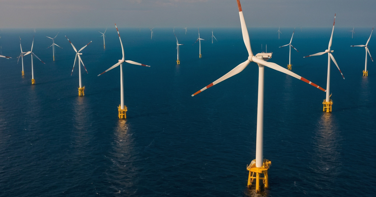 Luftaufnahme eines Offshore-Windparks mit zahlreichen Windkraftanlagen, die auf gelben Plattformen im offenen Meer stehen und erneuerbare Energie erzeugen.