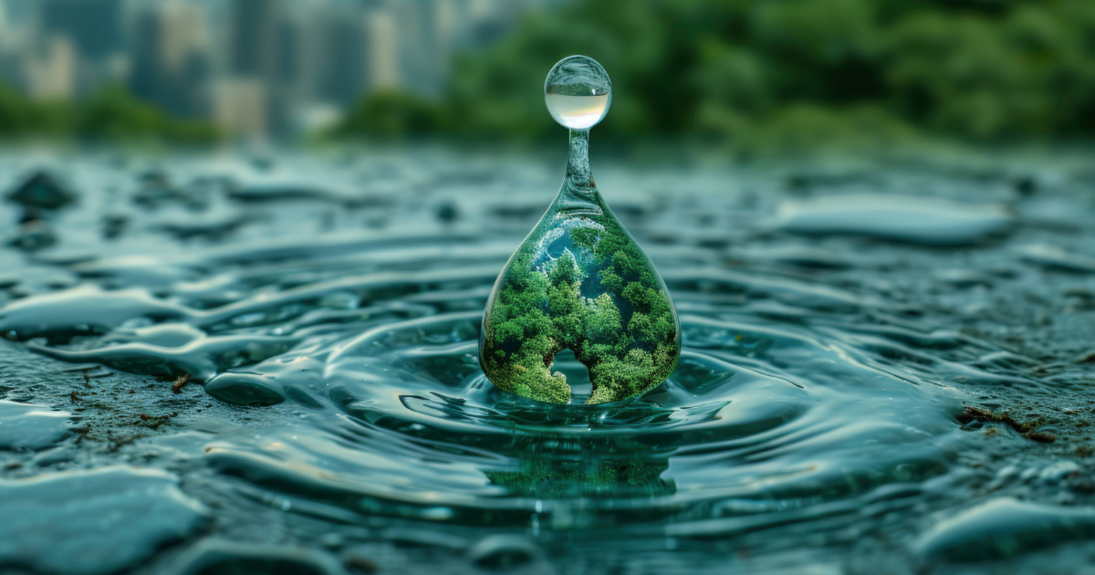 Ein Wassertropfen steht auf einer Wasseroberfläche; im Inneren des Tropfens spiegelt sich eine grüne Waldlandschaft, während im Hintergrund unscharf eine Stadt zu erkennen ist.