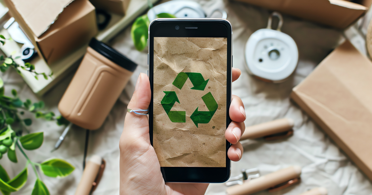 Eine Hand hält ein Smartphone, auf dessen Bildschirm ein grünes Recycling-Symbol auf braunem Papierhintergrund angezeigt wird. Im Hintergrund liegen nachhaltige Alltagsprodukte wie wiederverwendbare Becher, Pflanzen und Verpackungen.