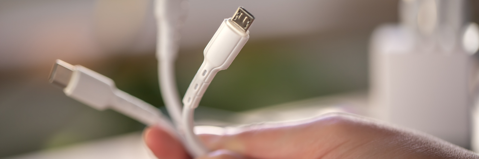Hand hält mehrere weiße Ladekabel mit verschiedenen Steckertypen, darunter USB-C und Micro-USB, vor unscharfem Hintergrund.