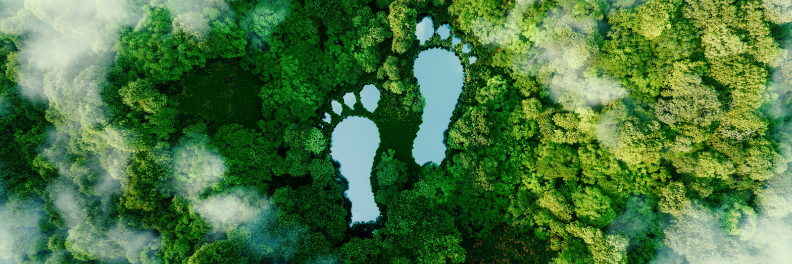 Draufsicht auf einen dichten, grünen Wald, in dessen Mitte zwei wassergefüllte Flächen in der Form menschlicher Fußabdrücke erscheinen.