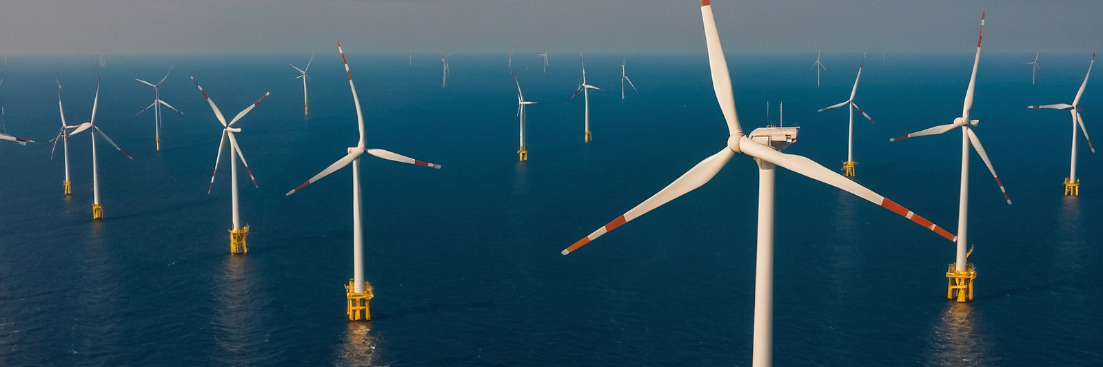 Luftaufnahme eines Offshore-Windparks mit zahlreichen Windkraftanlagen, die auf gelben Plattformen im offenen Meer stehen und erneuerbare Energie erzeugen.
