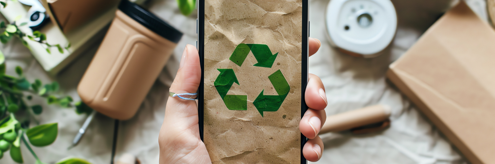 Eine Hand hält ein Smartphone, auf dessen Bildschirm ein grünes Recycling-Symbol auf braunem Papierhintergrund angezeigt wird. Im Hintergrund liegen nachhaltige Alltagsprodukte wie wiederverwendbare Becher, Pflanzen und Verpackungen.