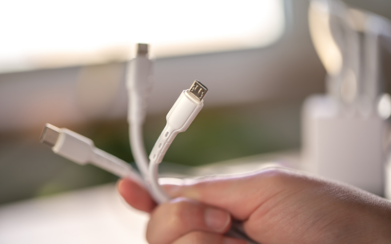 Hand hält mehrere weiße Ladekabel mit verschiedenen Steckertypen, darunter USB-C und Micro-USB, vor unscharfem Hintergrund.