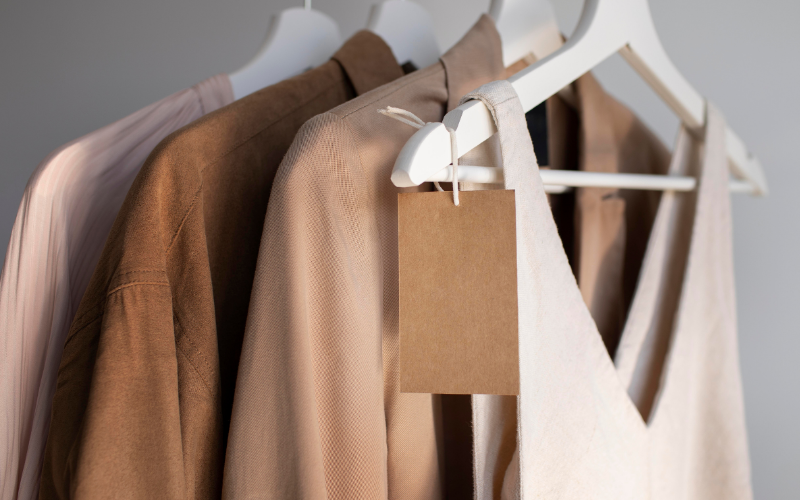 Mehrere Kleidungsstücke in neutralen Beige- und Brauntönen hängen ordentlich auf weißen Kleiderbügeln, eines davon mit einem schlichten braunen Papieretikett versehen.