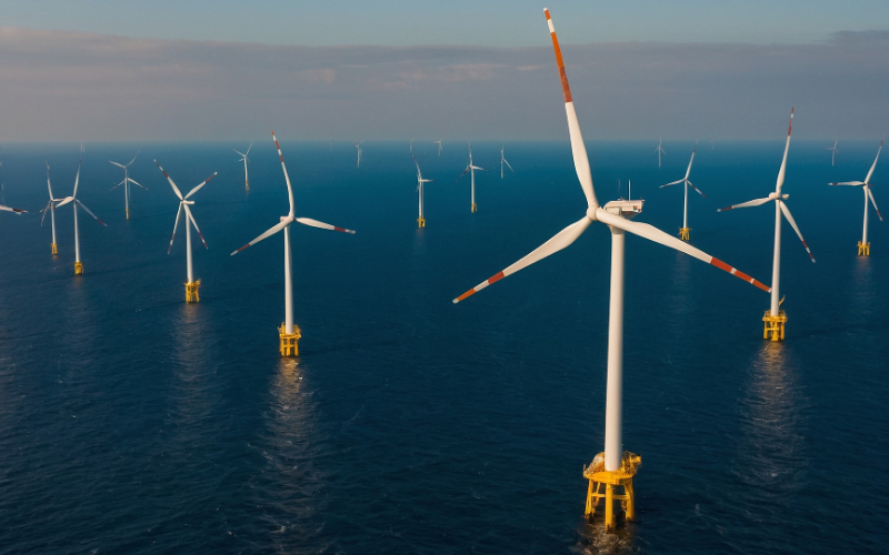 Luftaufnahme eines Offshore-Windparks mit zahlreichen Windkraftanlagen, die auf gelben Plattformen im offenen Meer stehen und erneuerbare Energie erzeugen.