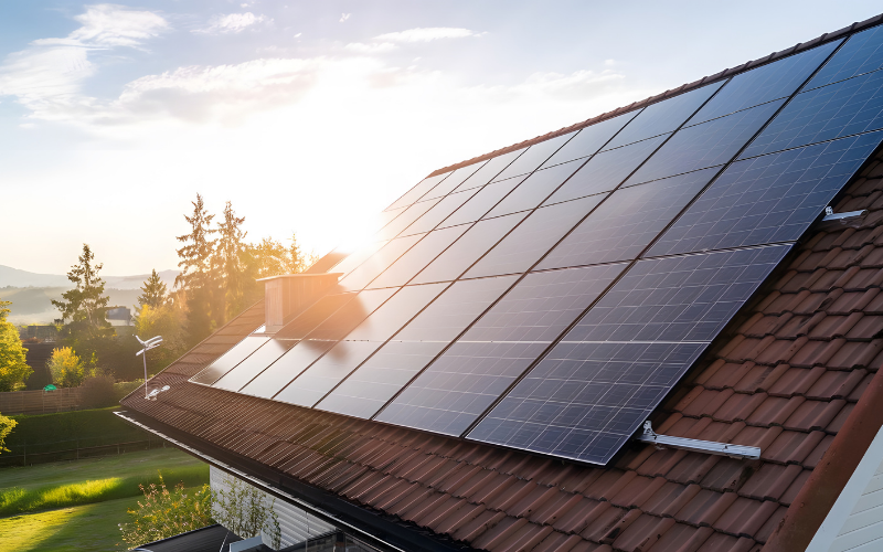 Solaranlage auf dem Dach eines Hauses bei Sonnenaufgang, umgeben von grüner Landschaft und Bäumen.