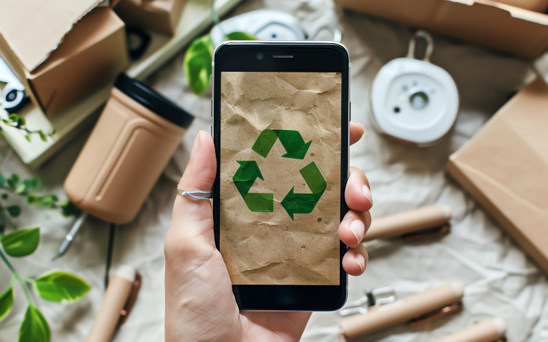 Eine Hand hält ein Smartphone, auf dessen Bildschirm ein grünes Recycling-Symbol auf braunem Papierhintergrund angezeigt wird. Im Hintergrund liegen nachhaltige Alltagsprodukte wie wiederverwendbare Becher, Pflanzen und Verpackungen.