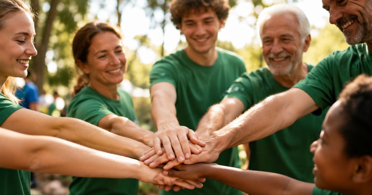Team von Sozialarbeitern, im Hintergrund Sonnenschein