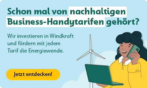Grafik von Amiva zu nachhaltigen Business-Handytarifen: Eine Person telefoniert und arbeitet am Laptop, daneben sind Windräder zu sehen. Text: „Schon mal von nachhaltigen Business-Handytarifen gehört? Wir investieren in Windkraft und fördern mit jedem Tarif die Energiewende. Jetzt entdecken!“