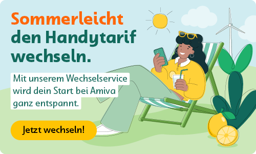 Sommerliche Amiva-Grafik mit Frau im Liegestuhl, Handy, Windrad und Zitronen: „Sommerleicht den Handytarif wechseln“ mit CTA „Jetzt wechseln!“.