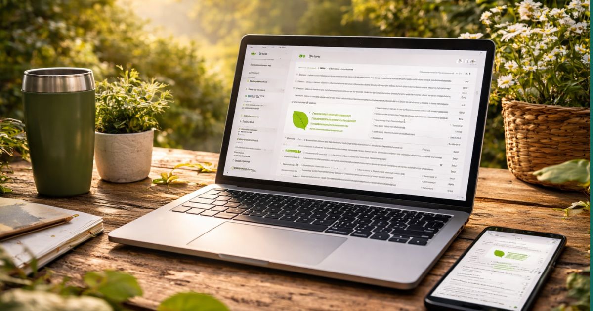 Laptop und Smartphone liegen auf einem Holztisch, im Hintergrund grüne Büsche im Freien
