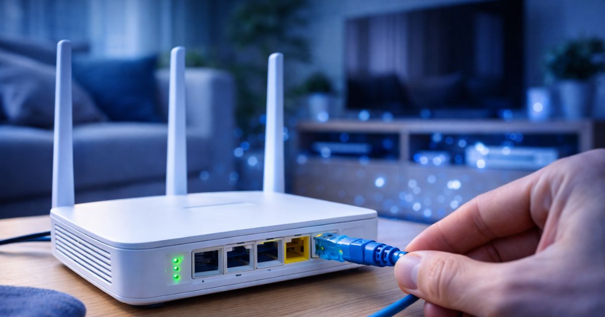 Router steht auf einem Tisch im Wohnzimmer, Kabel wird reingesteckt