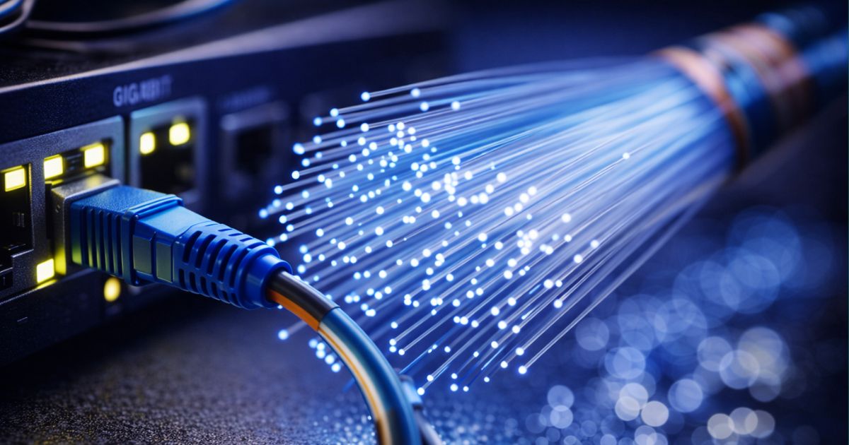 LAN-Kabel steckt in Box, rechts daneben ein offenes, leuchtendes Glasfaser-Kabel