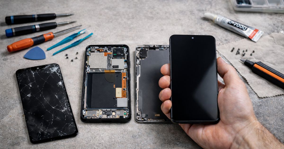 Bild von einer Handy-Reparatur, Handy liegt mit Werkzeug zusammen auf einer Arbeitsfläche