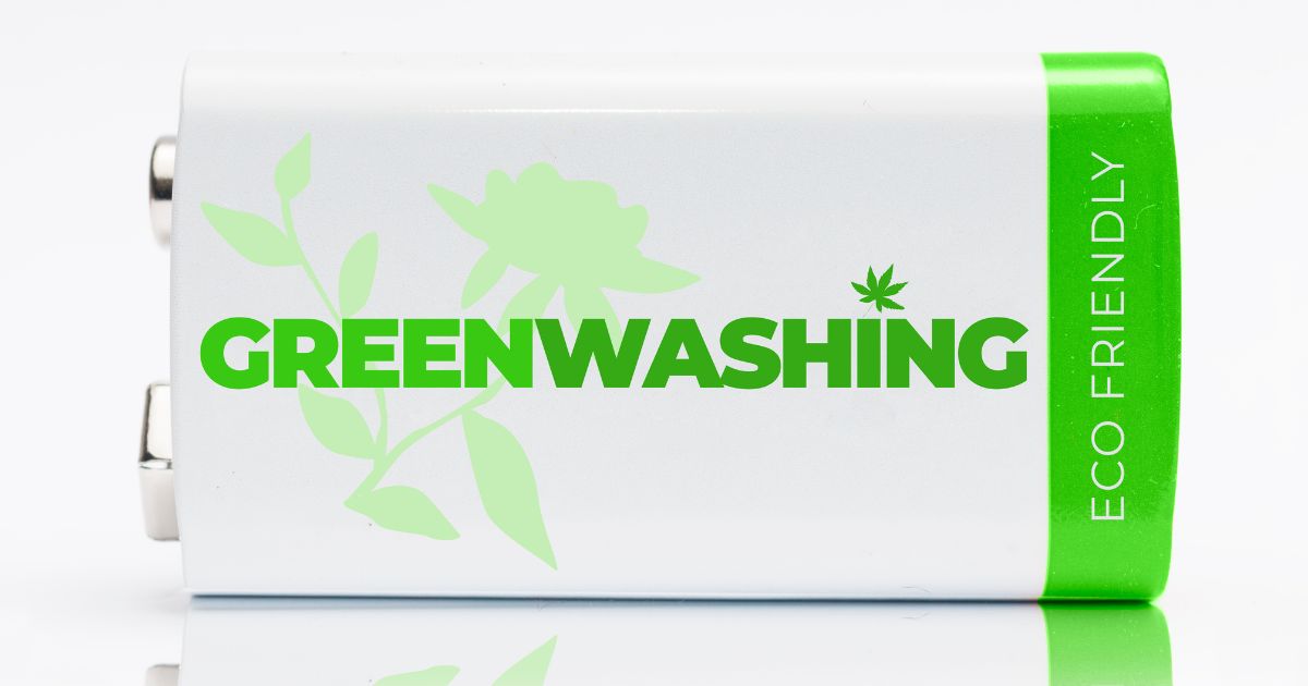 Batterie in grün-weiß mit der Aufschrift Greenwashing