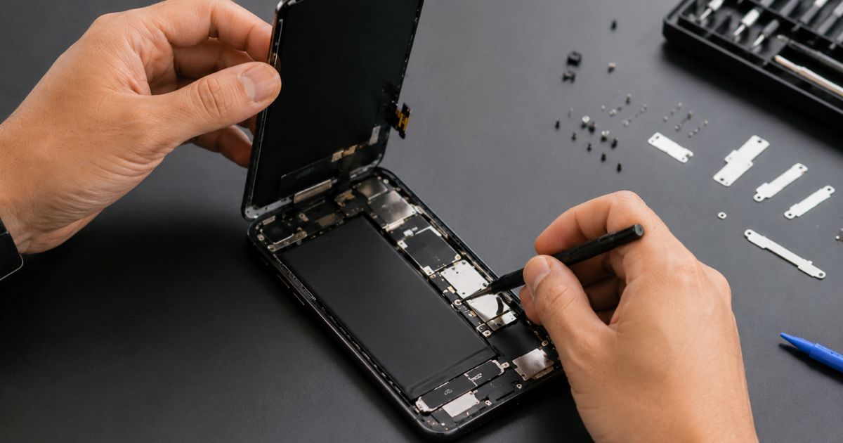 Smartphone wird auf einem Tisch mit Werkzeug repariert