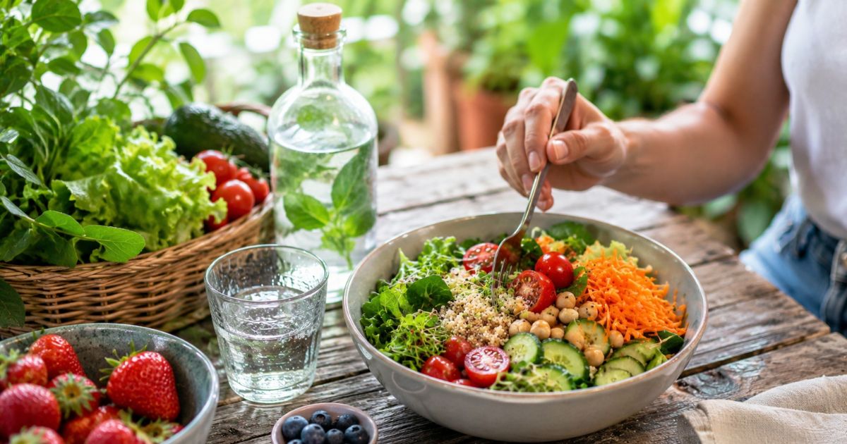 Eine Bowl voller Gemüse sowie Früchte und Wasser auf einem Tisch im Garten