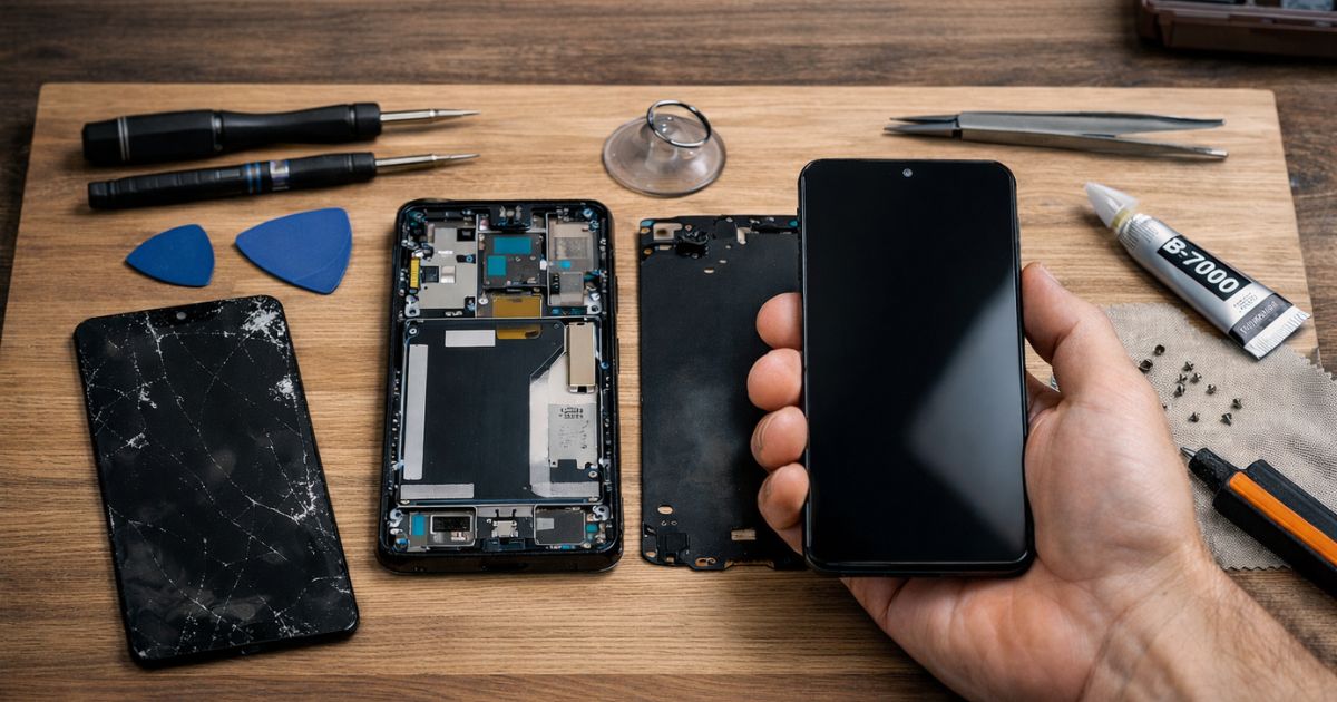 Ein Handy mit demontiertem Display liegt auf einem Holztisch, daneben Werkzeug