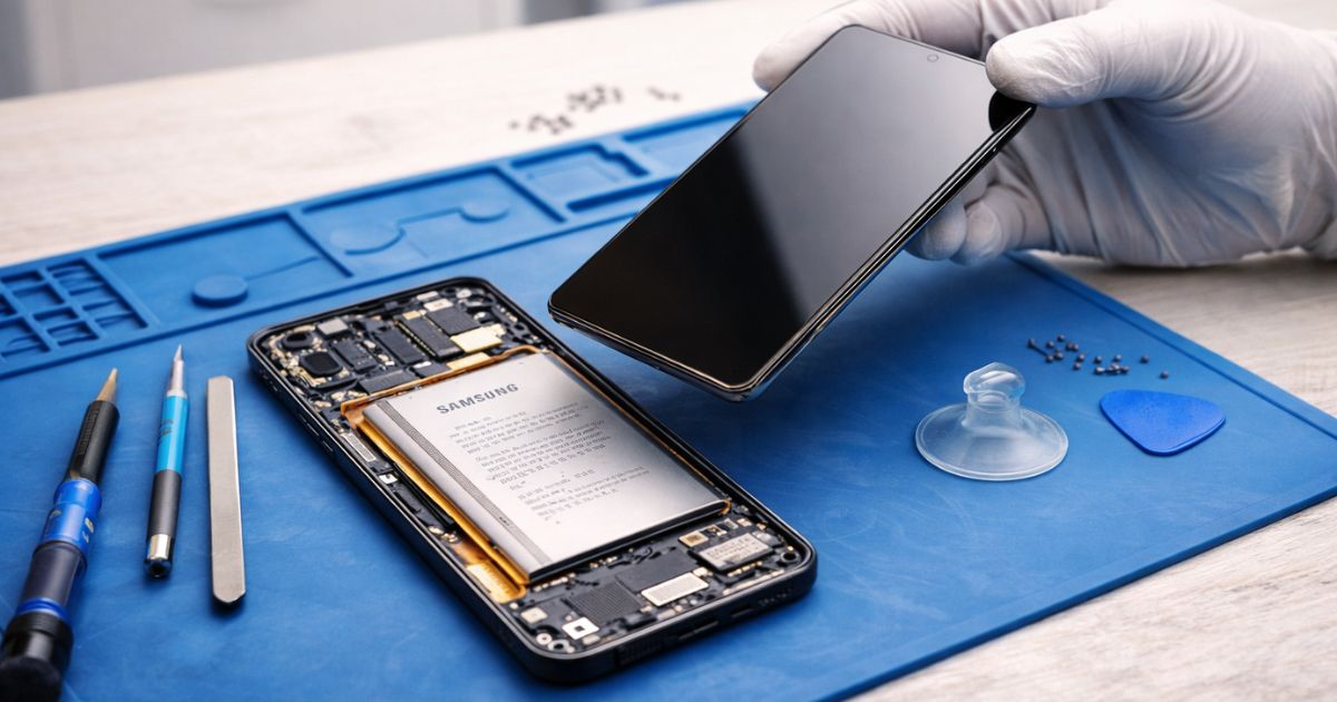 Smartphone liegt auf blauer Arbeitsfläche und wird repariert, daneben Werkzeug