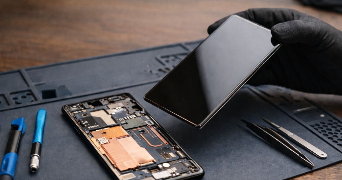 Smartphone liegt auf einem Tisch neben Werkzeug, das Display wurde entfernt