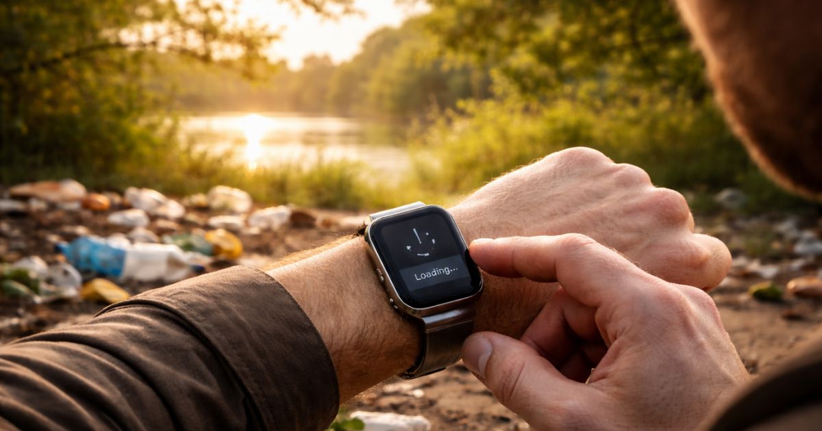 Mann schaut auf seine Smartwatch, im Hintergrund Müll in der Natur