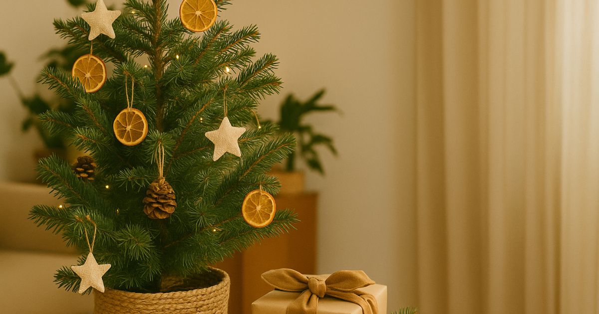 Weihnachtsbaum in Wohnung, daneben Geschenk, dahinter Gardine