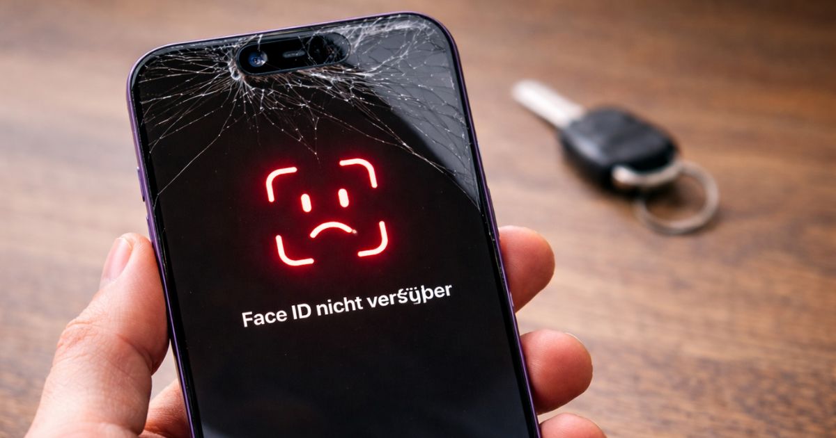 Handy wird in der Hand gehalten, im Hintergrund eine Holzoberfläche mit darauf liegendem Schlüssel