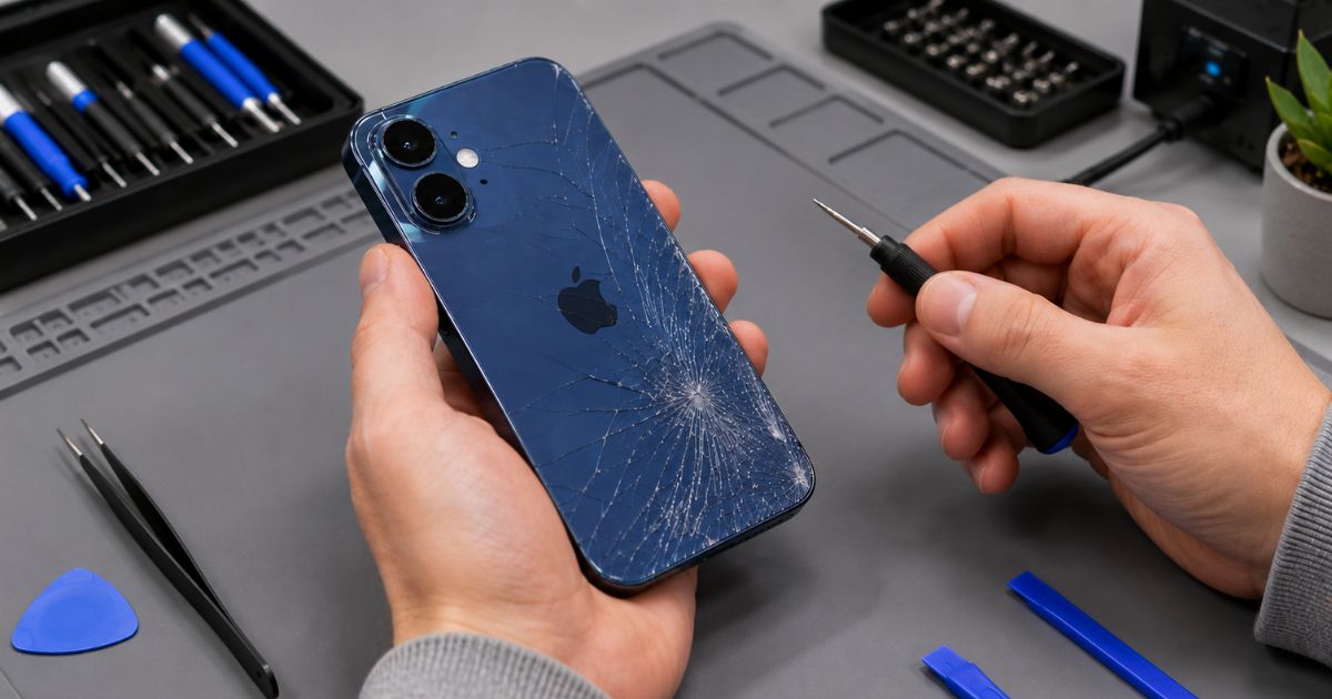Smartphone-Reparatur auf einer Arbeitsmatte, daneben Werkzeug